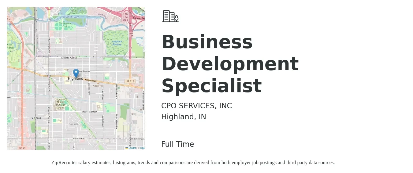 CPO SERVICES, INC job posting for a Business Development Specialist in Highland, IN with a salary of $43,400 to $72,400 Yearly with a map of Highland location.