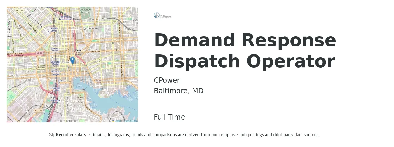 CPower job posting for a Demand Response Dispatch Operator in Baltimore, MD with a salary of $19 to $34 Hourly with a map of Baltimore location.