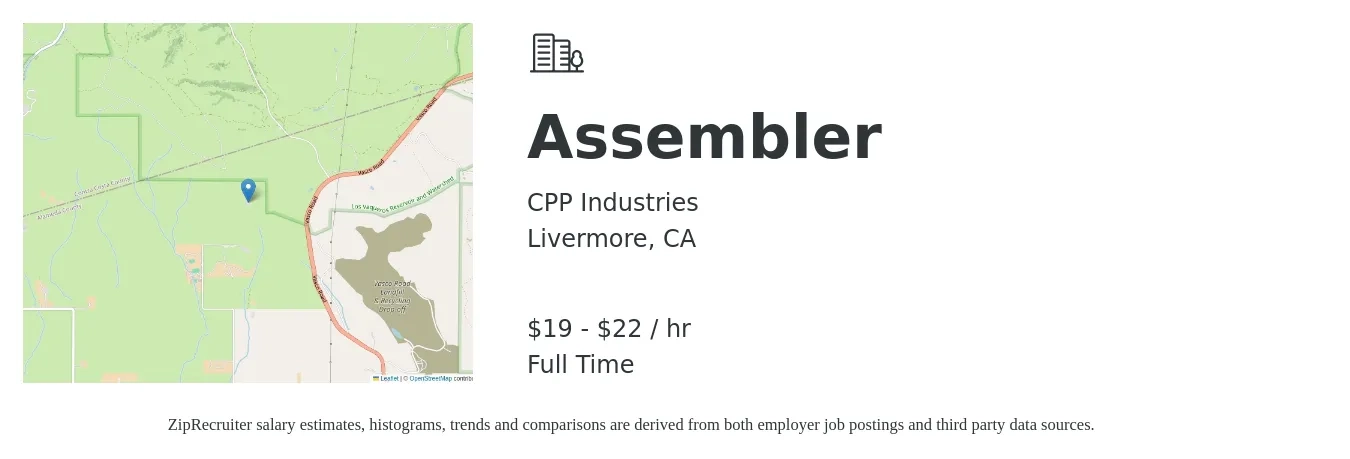 CPP Industries job posting for a Assembler in Livermore, CA with a salary of $20 to $23 Hourly with a map of Livermore location.