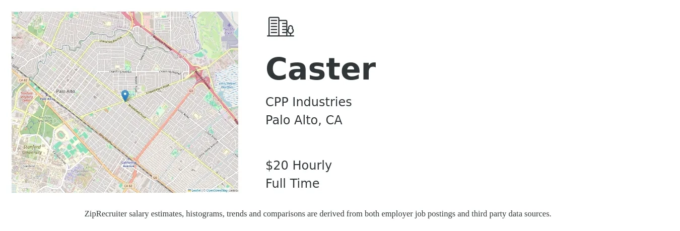 CPP Industries job posting for a Caster in Palo Alto, CA with a salary of $21 Hourly with a map of Palo Alto location.