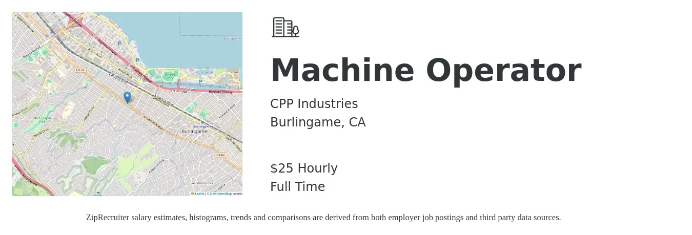 CPP Industries job posting for a Machine Operator in Burlingame, CA with a salary of $27 Hourly with a map of Burlingame location.