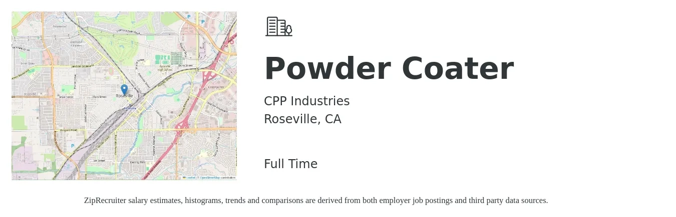 CPP Industries job posting for a Powder Coater in Roseville, CA with a salary of $18 to $22 Hourly with a map of Roseville location.