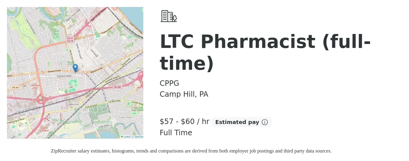 CPPG job posting for a LTC Pharmacist (full-time) in Camp Hill, PA with a salary of $60 to $63 Hourly with a map of Camp Hill location.