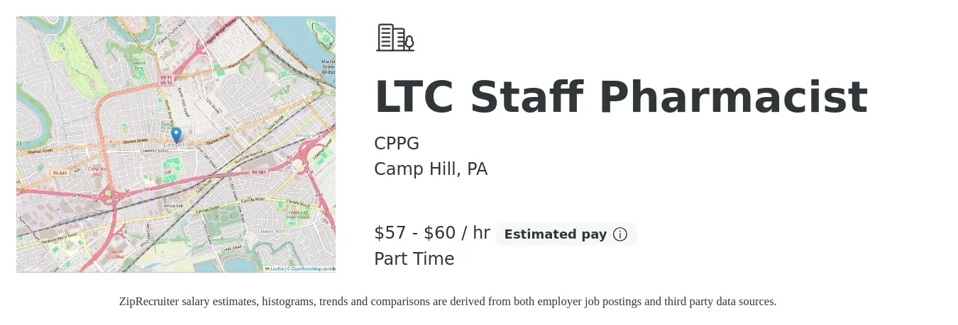 CPPG job posting for a LTC Staff Pharmacist in Camp Hill, PA with a salary of $60 to $63 Hourly with a map of Camp Hill location.