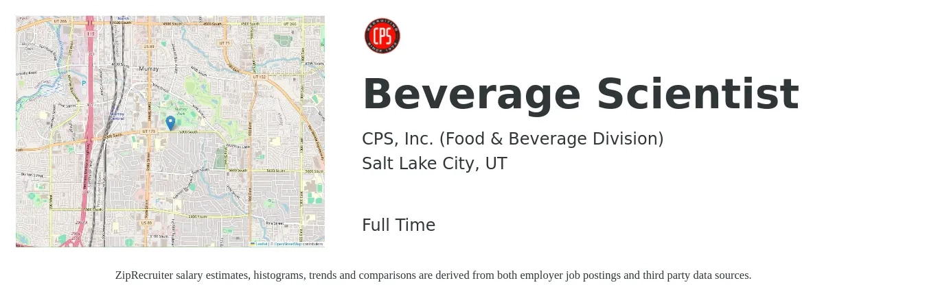 CPS, Inc. (Food & Beverage Division) job posting for a Beverage Scientist in Salt Lake City, UT with a salary of $73,100 to $96,800 Yearly with a map of Salt Lake City location.