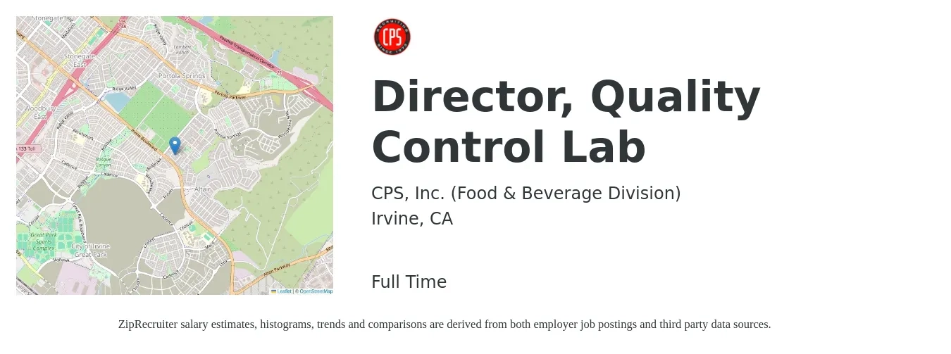 CPS, Inc. (Food & Beverage Division) job posting for a Director, Quality Control Lab in Irvine, CA with a salary of $97,700 to $162,100 Yearly with a map of Irvine location.