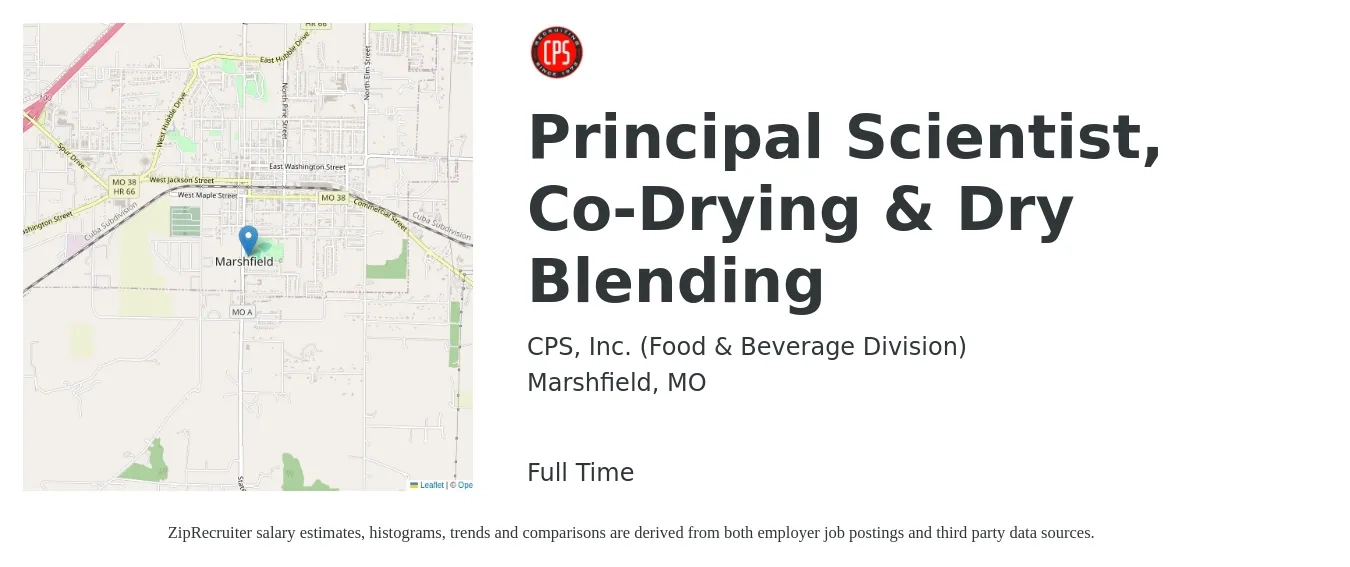 CPS, Inc. (Food & Beverage Division) job posting for a Principal Scientist, Co-Drying & Dry Blending in Marshfield, MO with a map of Marshfield location.
