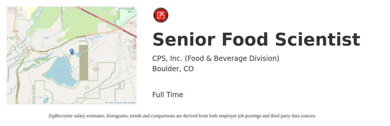 CPS, Inc. (Food & Beverage Division) job posting for a Senior Food Scientist in Boulder, CO with a salary of $70,500 to $103,700 Yearly with a map of Boulder location.