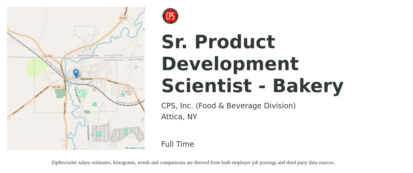 CPS, Inc. (Food & Beverage Division) job posting for a Sr. Product Development Scientist - Bakery in Attica, NY with a salary of $39 to $58 Hourly with a map of Attica location.