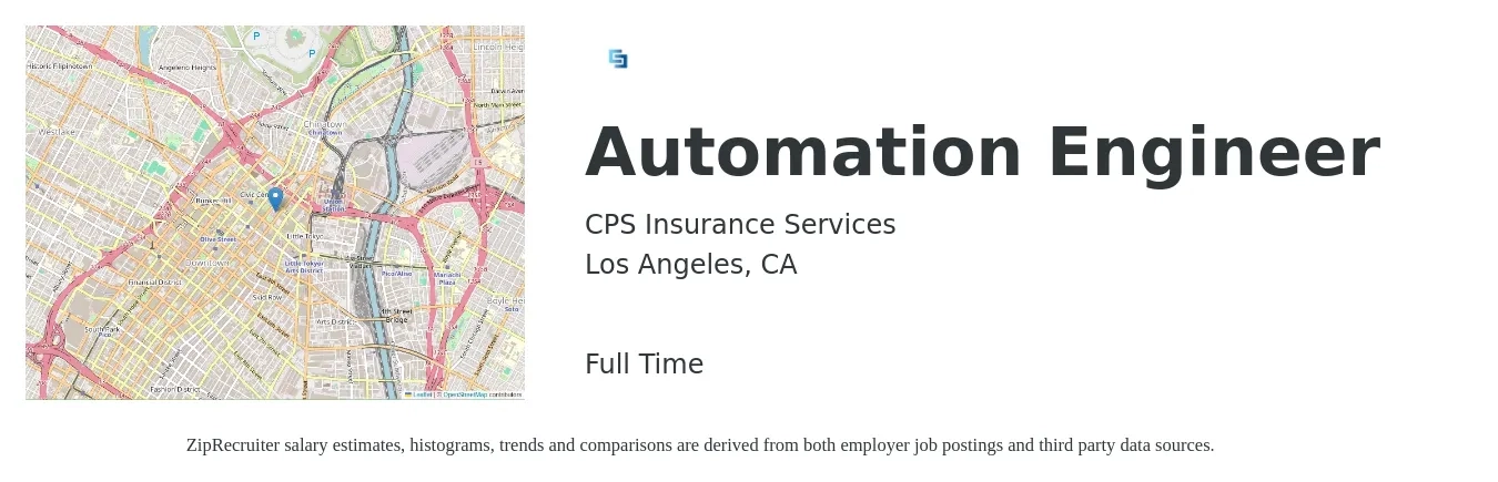 CPS Insurance Services job posting for a Automation Engineer in Los Angeles, CA with a salary of $93,200 to $133,100 Yearly with a map of Los Angeles location.