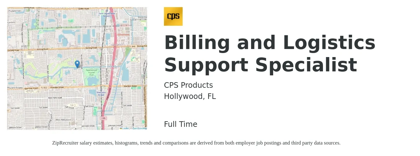 CPS Products job posting for a Billing and Logistics Support Specialist in Hollywood, FL with a salary of $18 to $24 Hourly with a map of Hollywood location.