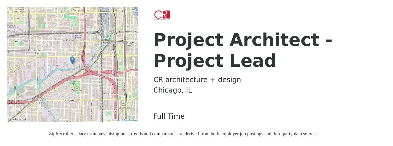 CR architecture + design job posting for a Project Architect - Project Lead in Chicago, IL with a salary of $85,600 to $114,400 Yearly with a map of Chicago location.
