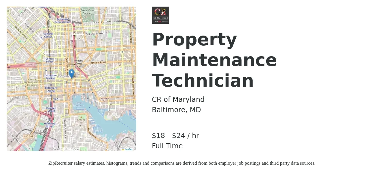 CR of Maryland job posting for a Property Maintenance Technician in Baltimore, MD with a salary of $19 to $25 Hourly with a map of Baltimore location.