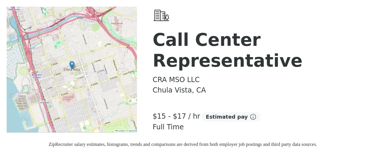 CRA MSO LLC job posting for a Call Center Representative in Chula Vista, CA with a salary of $16 to $18 Hourly with a map of Chula Vista location.