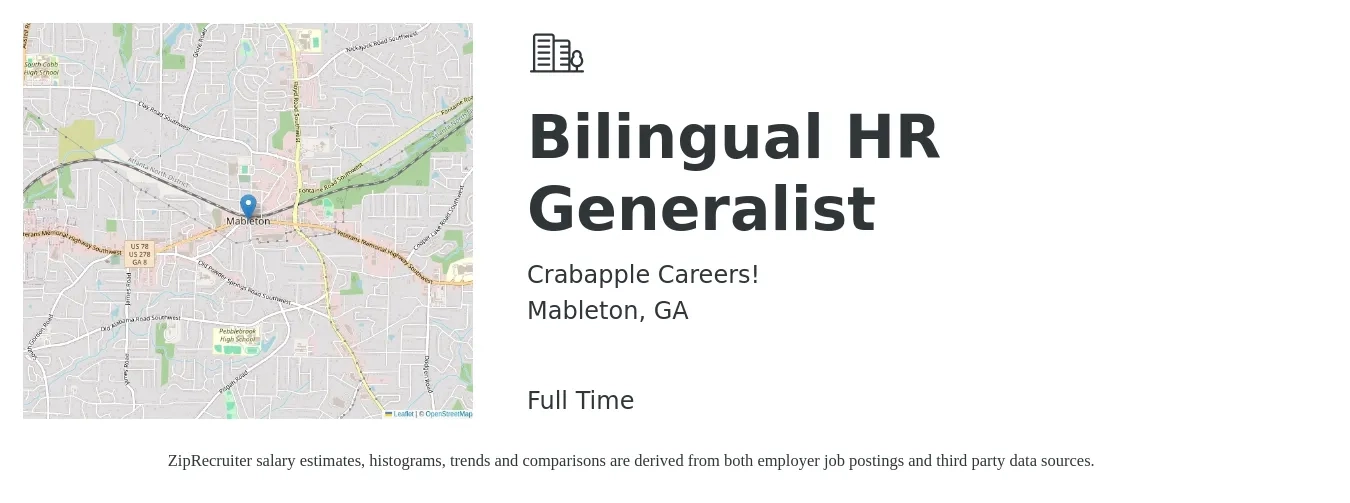 Crabapple Careers! job posting for a Bilingual HR Generalist in Mableton, GA with a salary of $45,500 to $63,600 Yearly with a map of Mableton location.