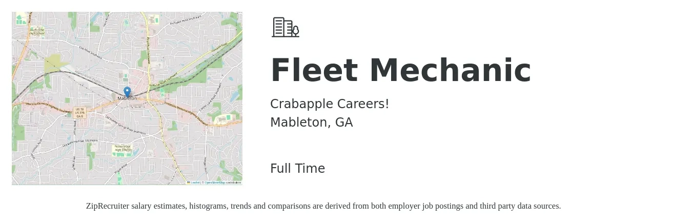 Crabapple Careers! job posting for a Fleet Mechanic in Mableton, GA with a salary of $22 to $28 Hourly with a map of Mableton location.