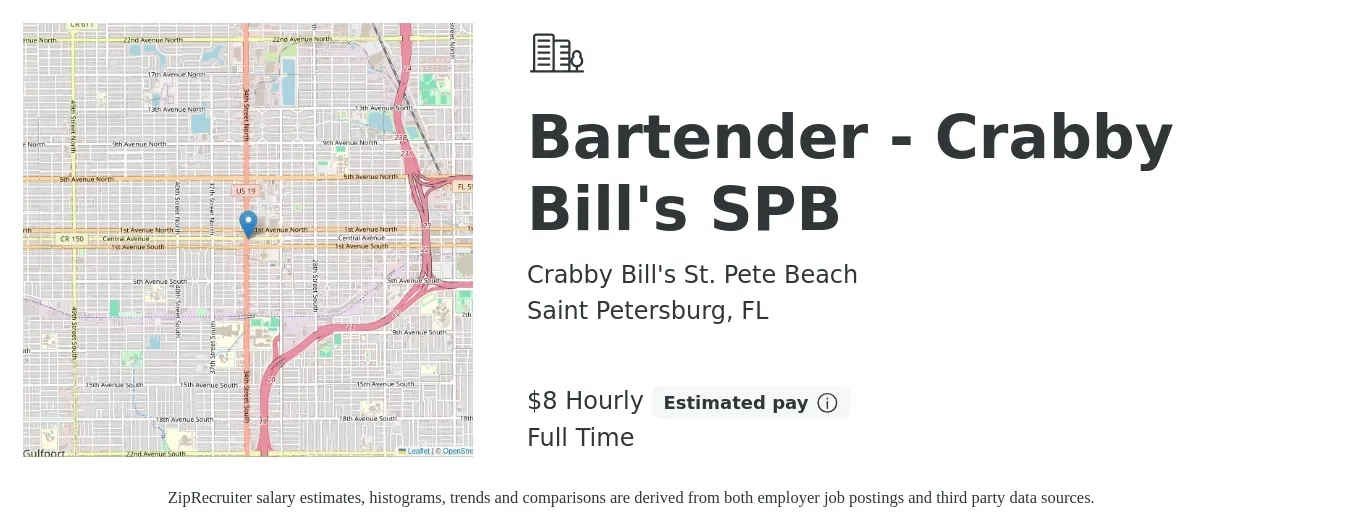 Crabby Bill's St. Pete Beach job posting for a Bartender - Crabby Bill's SPB in Saint Petersburg, FL with a salary of $9 Hourly with a map of Saint Petersburg location.