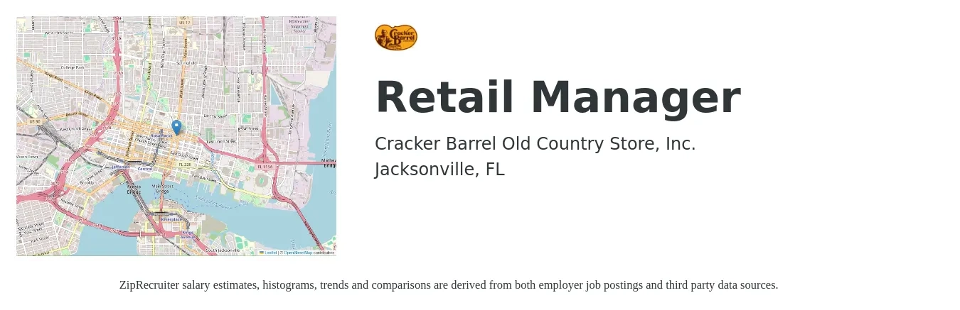 Cracker Barrel Old Country Store, Inc. job posting for a Retail Manager in Jacksonville, FL with a salary of $16 to $24 Hourly with a map of Jacksonville location.
