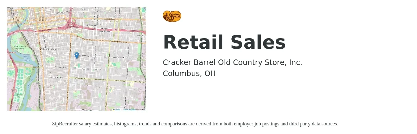 Cracker Barrel Old Country Store, Inc. job posting for a Retail Sales in Columbus, OH with a salary of $14 to $17 Hourly with a map of Columbus location.