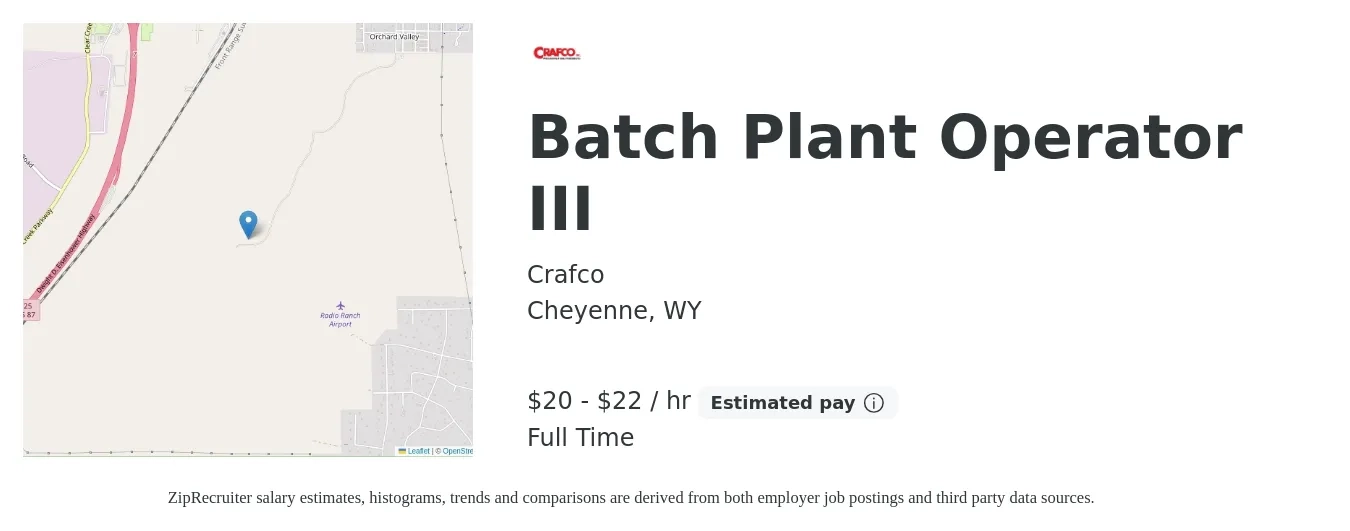 Crafco job posting for a Batch Plant Operator III in Cheyenne, WY with a salary of $21 to $23 Hourly with a map of Cheyenne location.