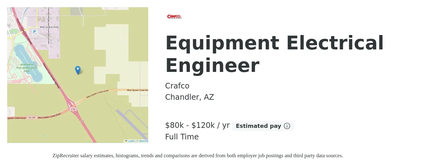 Crafco job posting for a Equipment Electrical Engineer in Chandler, AZ with a salary of $80,000 to $120,000 Yearly with a map of Chandler location.