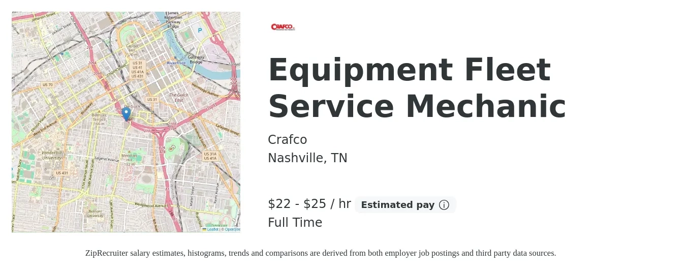 Crafco job posting for a Equipment Fleet Service Mechanic in Nashville, TN with a salary of $23 to $26 Hourly with a map of Nashville location.