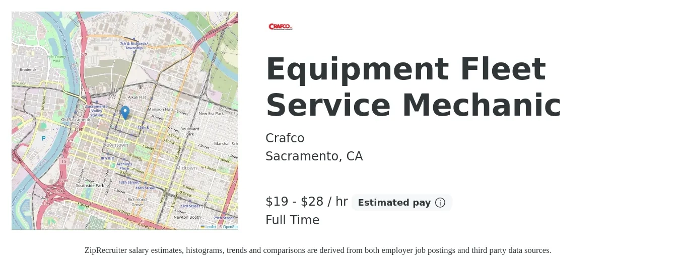 Crafco job posting for a Equipment Fleet Service Mechanic in Sacramento, CA with a salary of $20 to $30 Hourly with a map of Sacramento location.
