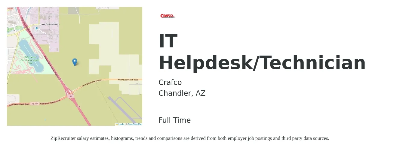 Crafco job posting for a IT Helpdesk/Technician in Chandler, AZ with a salary of $17 to $20 Hourly with a map of Chandler location.
