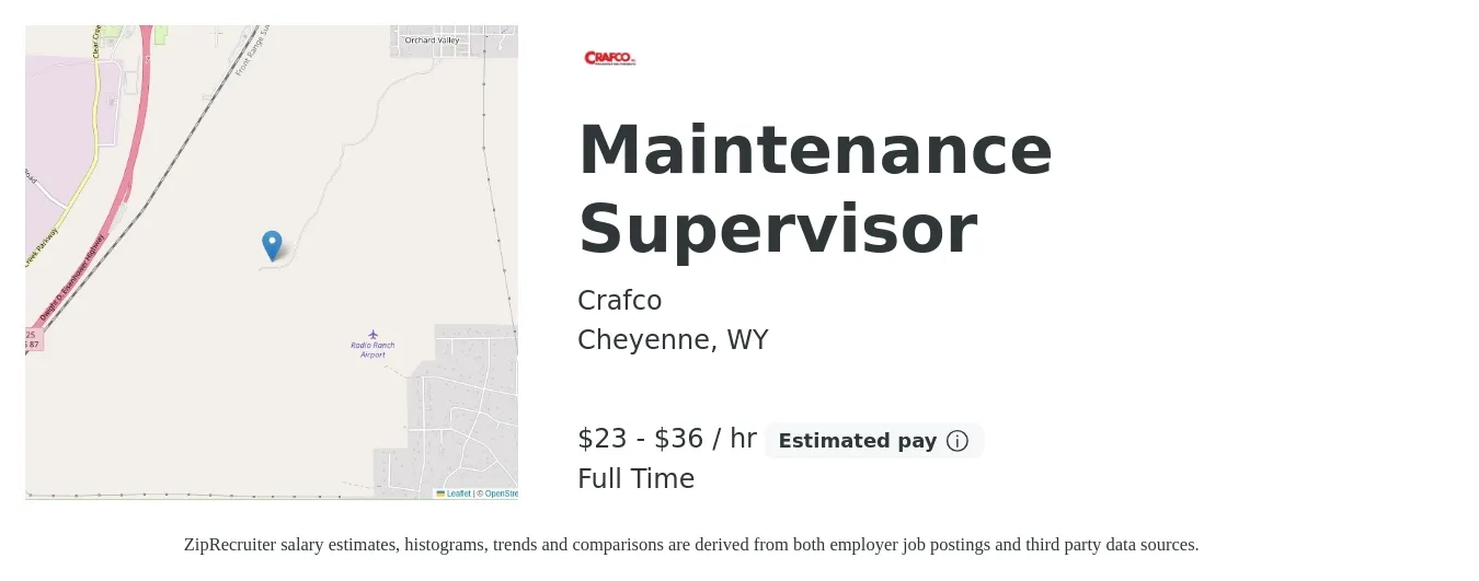 Crafco job posting for a Maintenance Supervisor in Cheyenne, WY with a salary of $24 to $38 Hourly with a map of Cheyenne location.