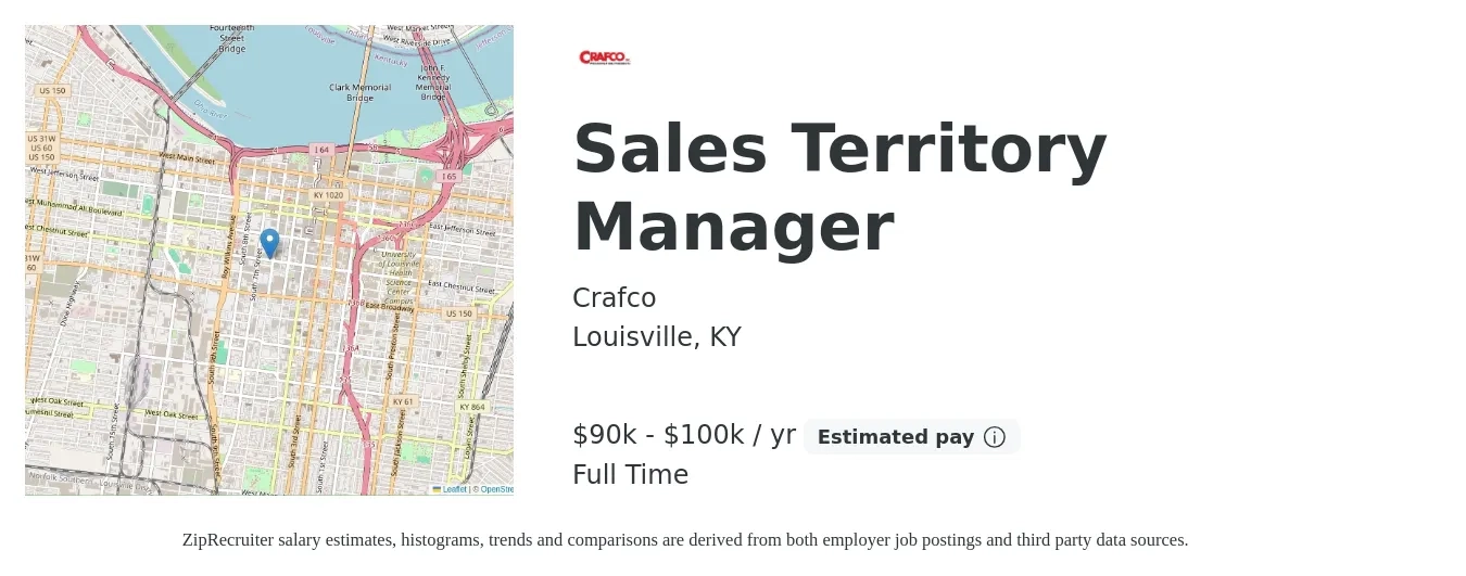 Crafco job posting for a Sales Territory Manager in Louisville, KY with a salary of $90,000 to $100,000 Yearly with a map of Louisville location.