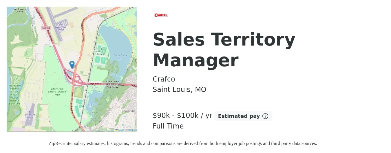 Crafco job posting for a Sales Territory Manager in Saint Louis, MO with a salary of $90,000 to $100,000 Yearly with a map of Saint Louis location.