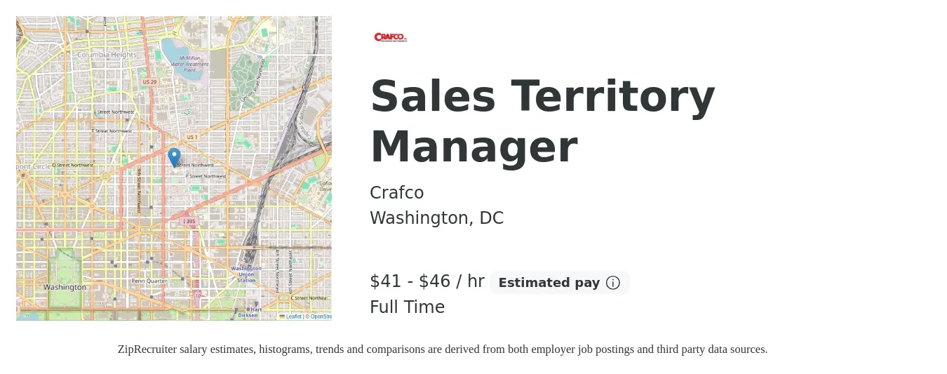 Crafco job posting for a Sales Territory Manager in Washington, DC with a salary of $90,000 to $100,000 Yearly with a map of Washington location.