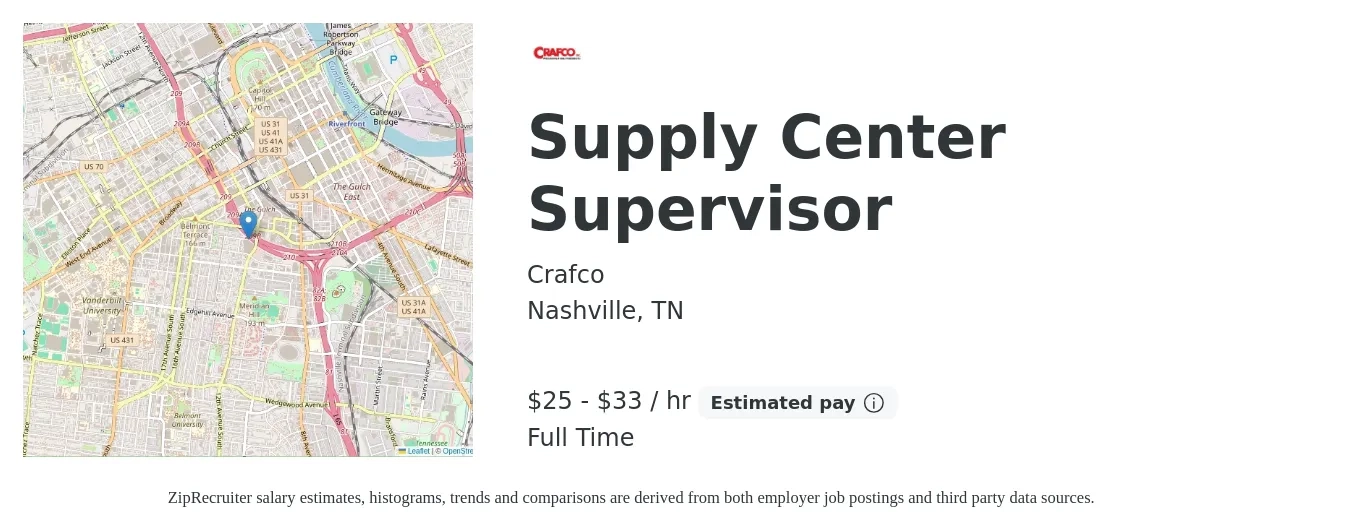 Crafco job posting for a Supply Center Supervisor in Nashville, TN with a salary of $27 to $35 Hourly with a map of Nashville location.
