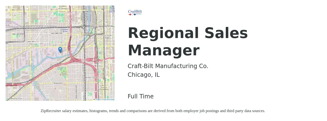 Craft-Bilt Manufacturing Co. job posting for a Regional Sales Manager in Chicago, IL with a salary of $74,200 to $116,000 Yearly with a map of Chicago location.