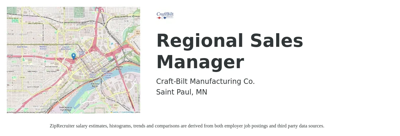 Craft-Bilt Manufacturing Co. job posting for a Regional Sales Manager in Saint Paul, MN with a salary of $72,500 to $113,200 Yearly with a map of Saint Paul location.