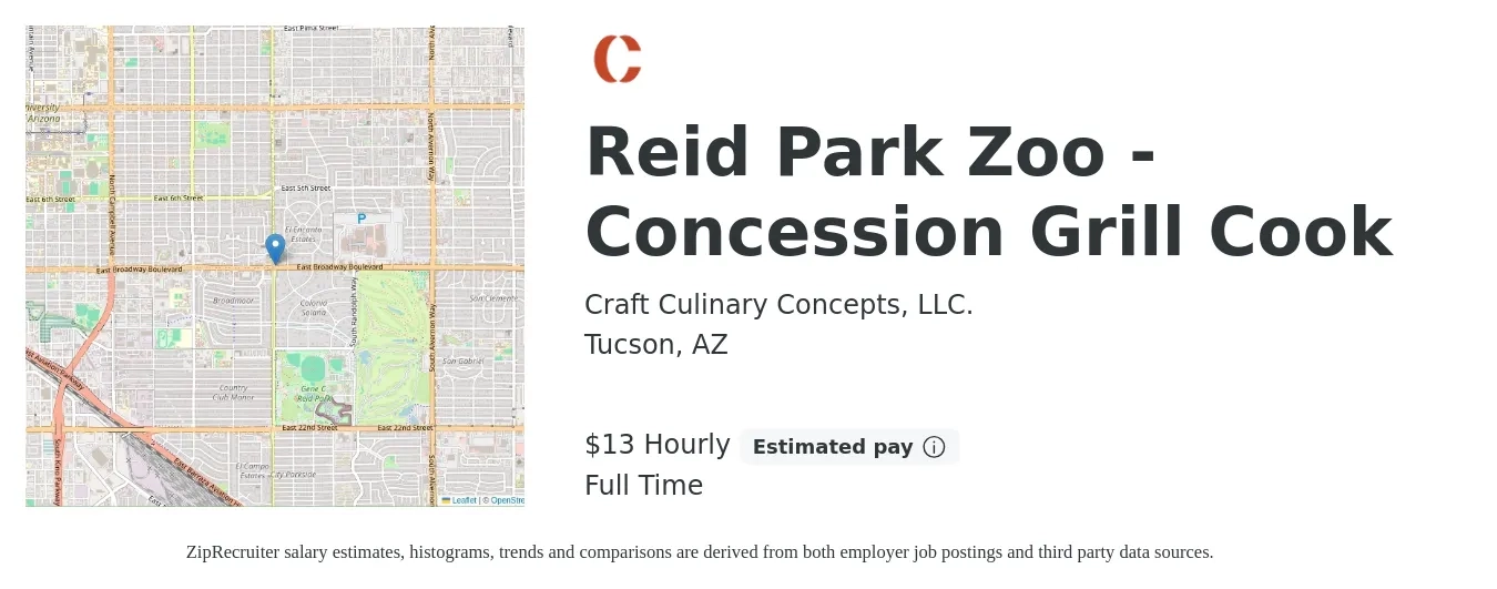Craft Culinary Concepts, LLC. job posting for a Reid Park Zoo - Concession Grill Cook in Tucson, AZ with a salary of $14 Hourly with a map of Tucson location.