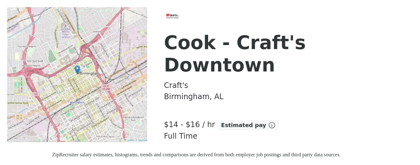 Craft's job posting for a Cook - Craft's Downtown in Birmingham, AL with a salary of $15 to $17 Hourly with a map of Birmingham location.
