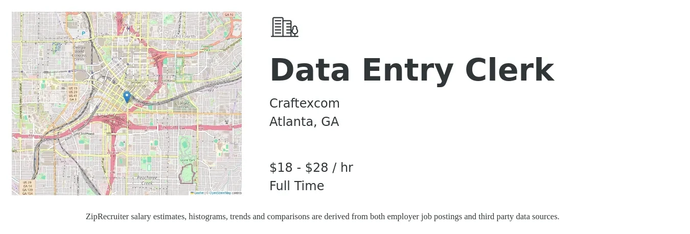 Craftexcom job posting for a Data Entry Clerk in Atlanta, GA with a salary of $20 to $30 Hourly with a map of Atlanta location.