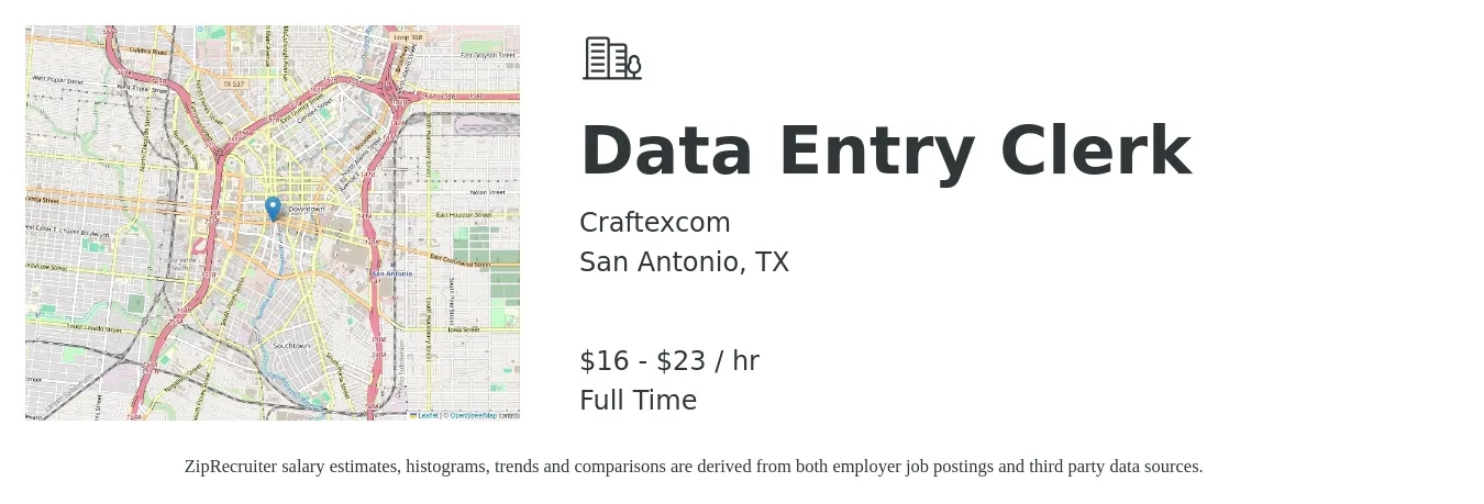 Craftexcom job posting for a Data Entry Clerk in San Antonio, TX with a salary of $18 to $24 Hourly with a map of San Antonio location.