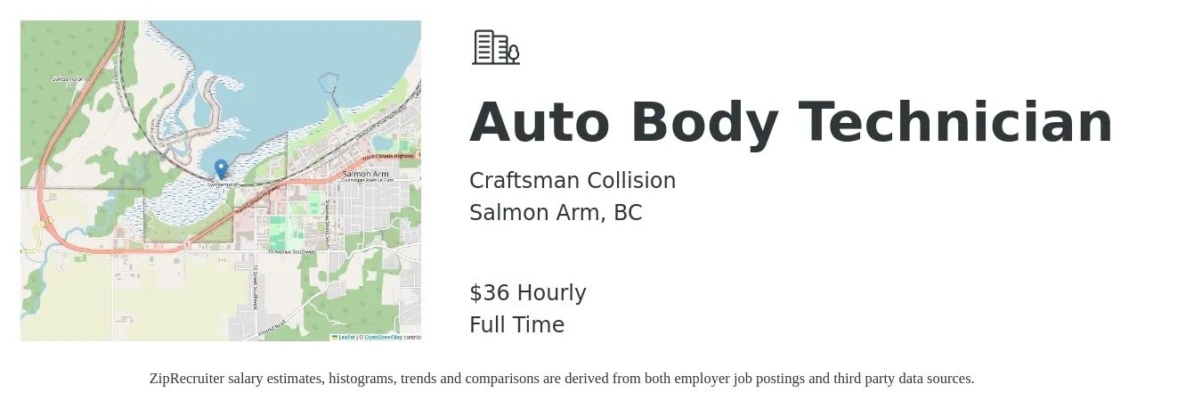 Craftsman Collision job posting for a Auto Body Technician in Salmon Arm, BC with a salary of $38 Hourly with a map of Salmon Arm location.