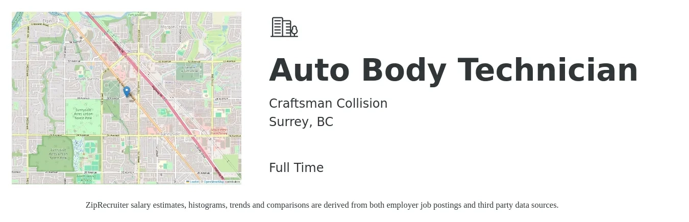 Craftsman Collision job posting for a Auto Body Technician in Surrey, BC with a salary of $38 Hourly with a map of Surrey location.