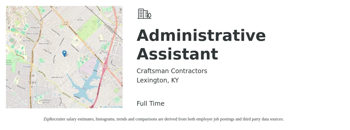 Craftsman Contractors job posting for a Administrative Assistant in Lexington, KY with a salary of $16 to $21 Hourly with a map of Lexington location.