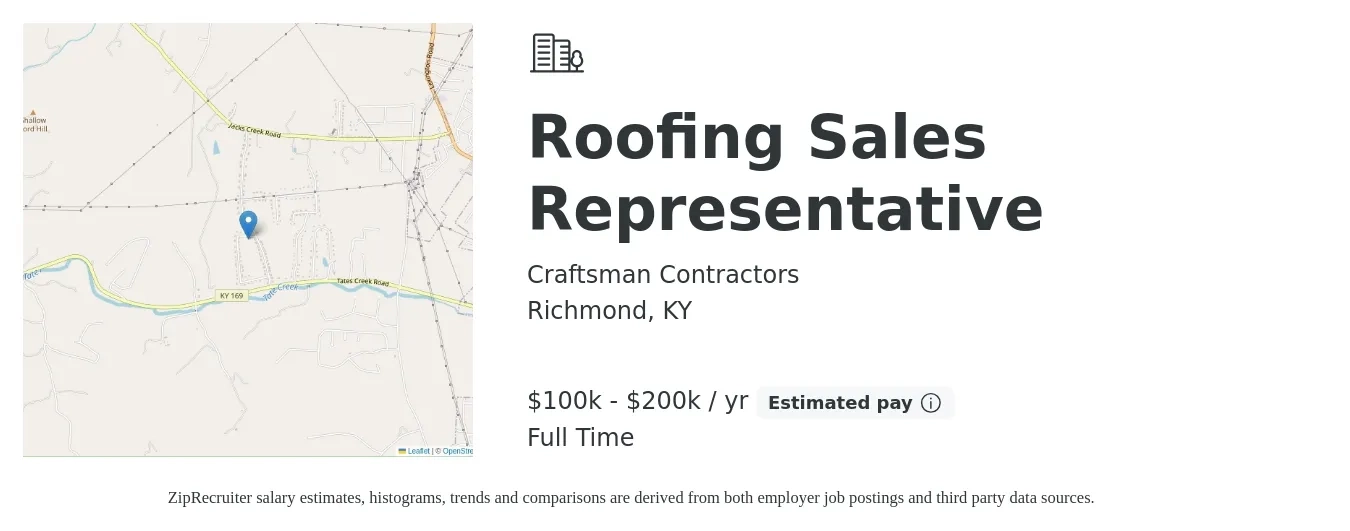 Craftsman Contractors job posting for a Roofing Sales Representative in Richmond, KY with a salary of $100,000 to $200,000 Yearly with a map of Richmond location.