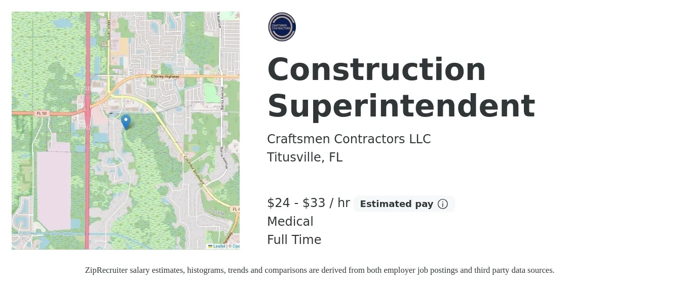 Craftsmen Contractors LLC job posting for a Construction Superintendent in Titusville, FL with a salary of $25 to $35 Hourly and benefits including medical with a map of Titusville location.