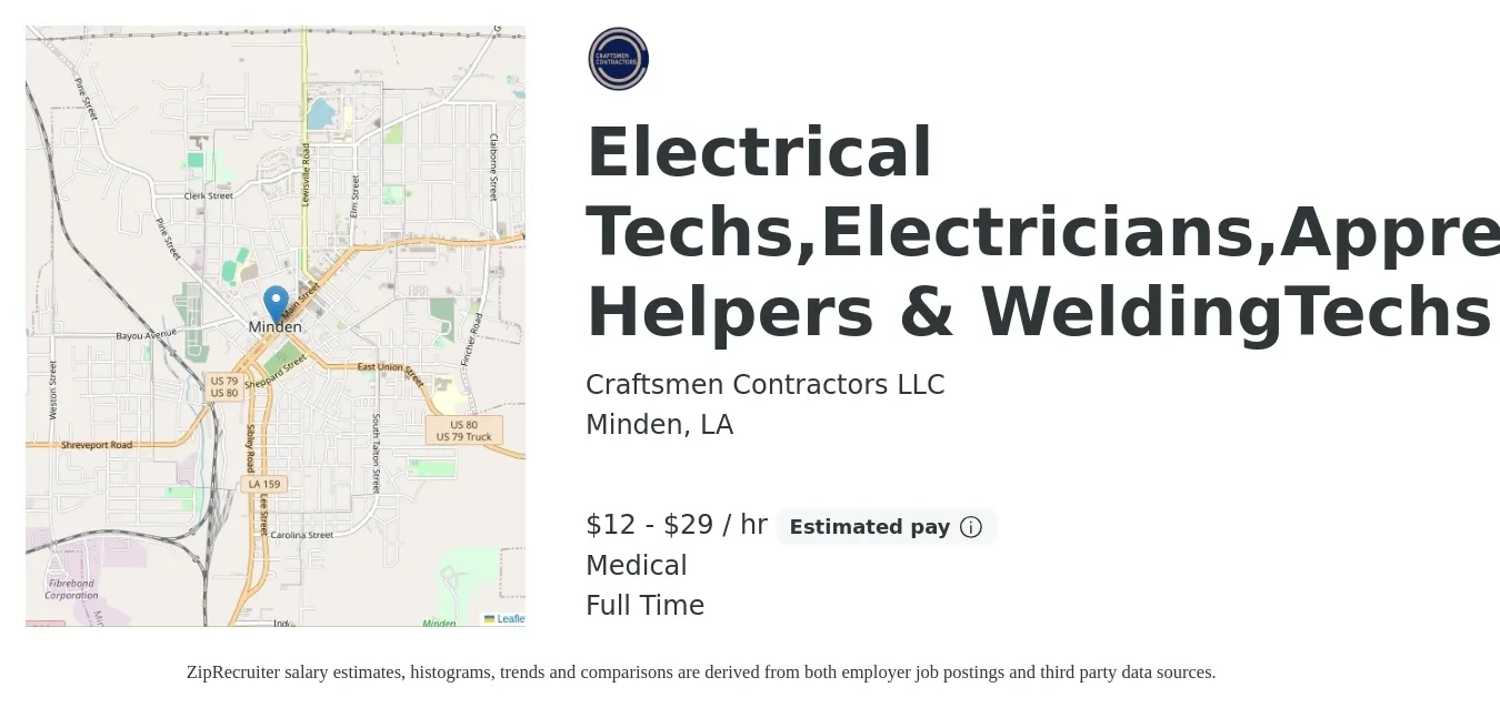 Craftsmen Contractors LLC job posting for a Electrical Techs,Electricians,Apprentices, Helpers & WeldingTechs in Minden, LA with a salary of $13 to $31 Hourly and benefits including medical with a map of Minden location.