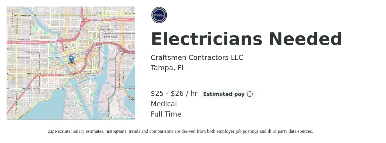 Craftsmen Contractors LLC job posting for a Electricians NEEDED in Tampa, FL with a salary of $26 to $28 Hourly and benefits including medical with a map of Tampa location.