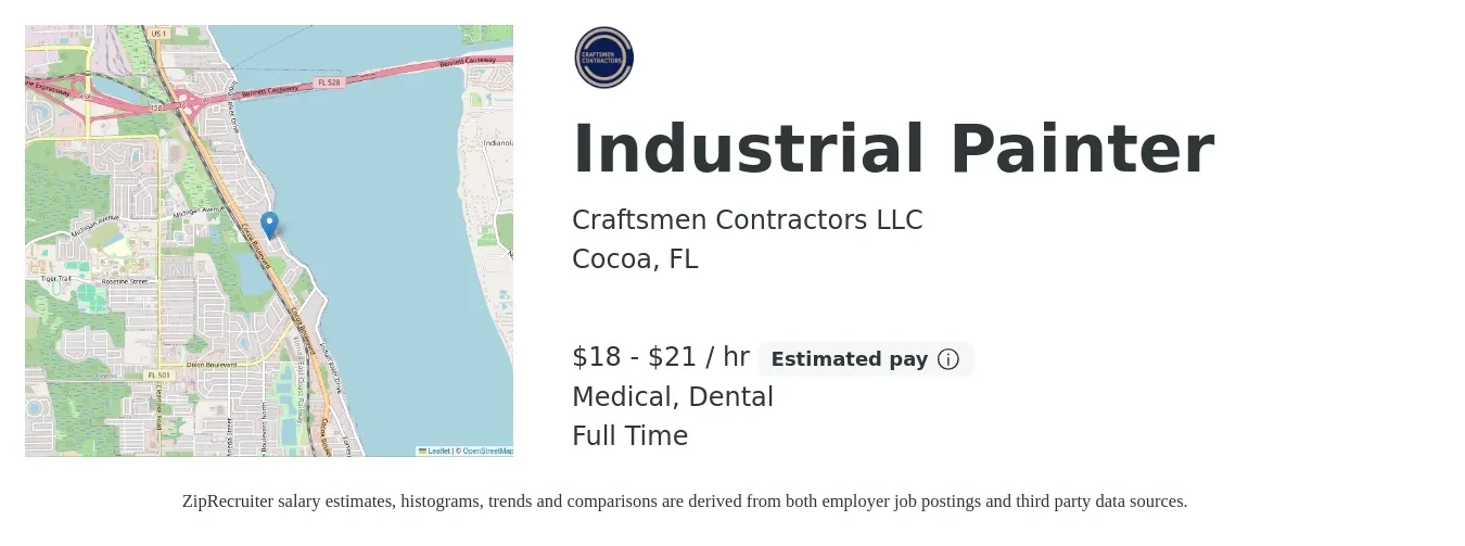 Craftsmen Contractors LLC job posting for a Industrial Painter in Cocoa, FL with a salary of $19 to $24 Hourly and benefits including medical, and dental with a map of Cocoa location.