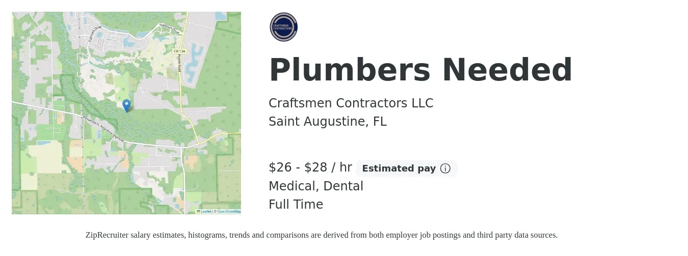 Craftsmen Contractors LLC job posting for a Plumbers Needed in Saint Augustine, FL with a salary of $28 to $30 Hourly and benefits including medical with a map of Saint Augustine location.