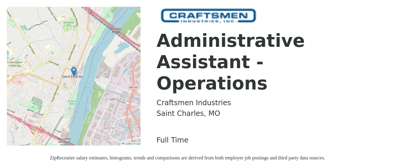 Craftsmen Industries job posting for a Administrative Assistant - Operations in Saint Charles, MO with a salary of $44,000 Yearly with a map of Saint Charles location.