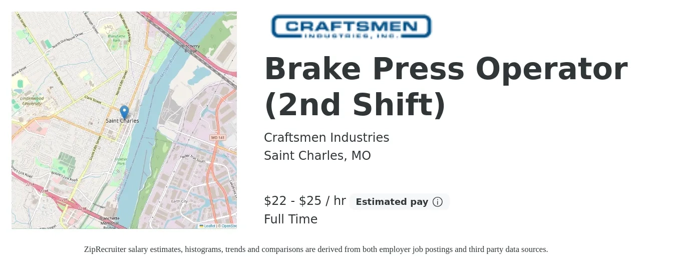Craftsmen Industries job posting for a Brake Press Operator (2nd Shift) in Saint Charles, MO with a salary of $23 to $26 Hourly with a map of Saint Charles location.